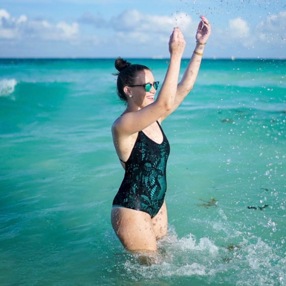Black and Turquoise Women Swim One Piece